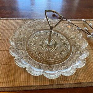 Vintage Glass Serving Tray with Silver Handle